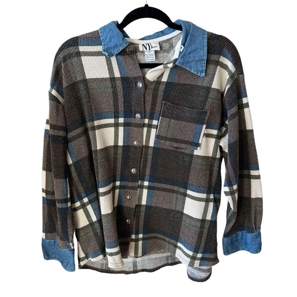 Vintage NY Jeans plaid shirt with denim collar medium